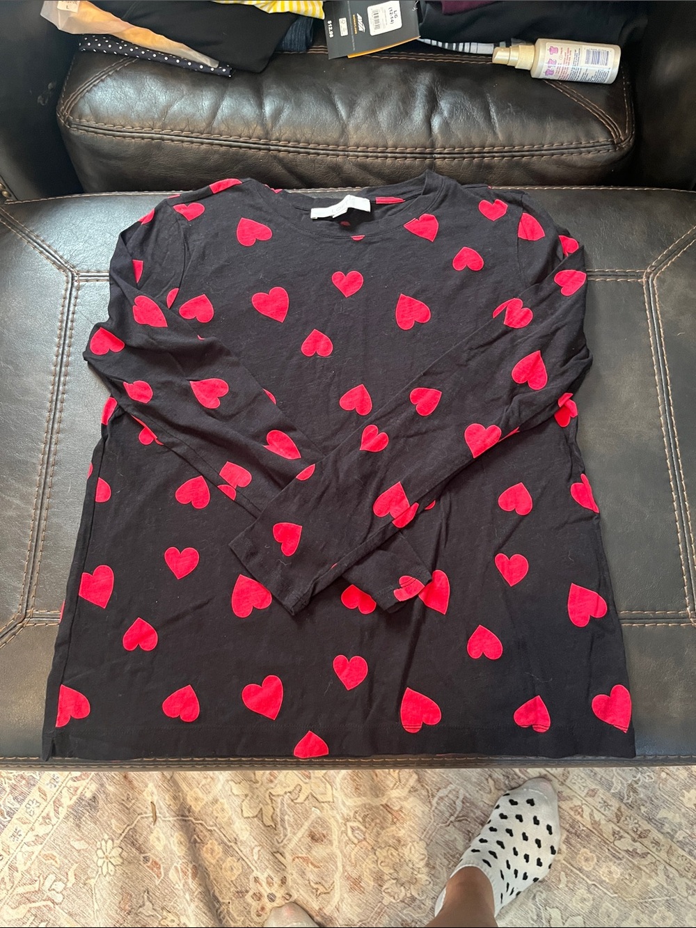 LOFT Black Long-Sleeve Tee with Red Heart Print